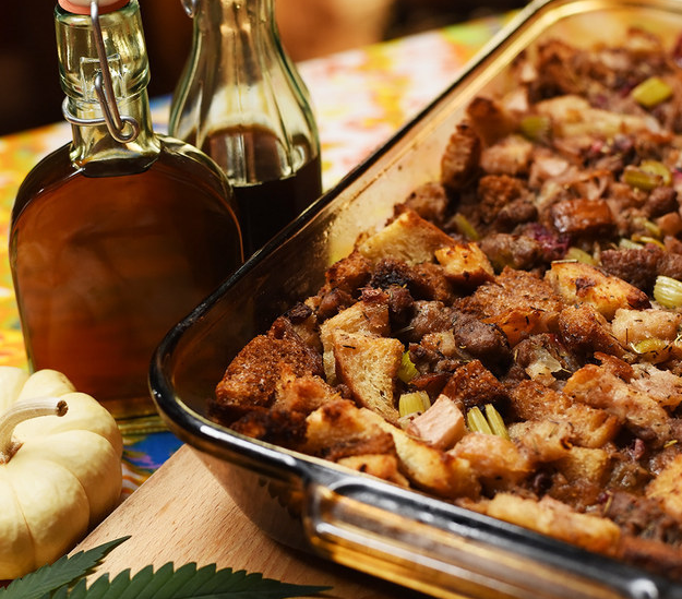 Sourdough Stuffing With Sausage, Apples, Cranberries, And Pot