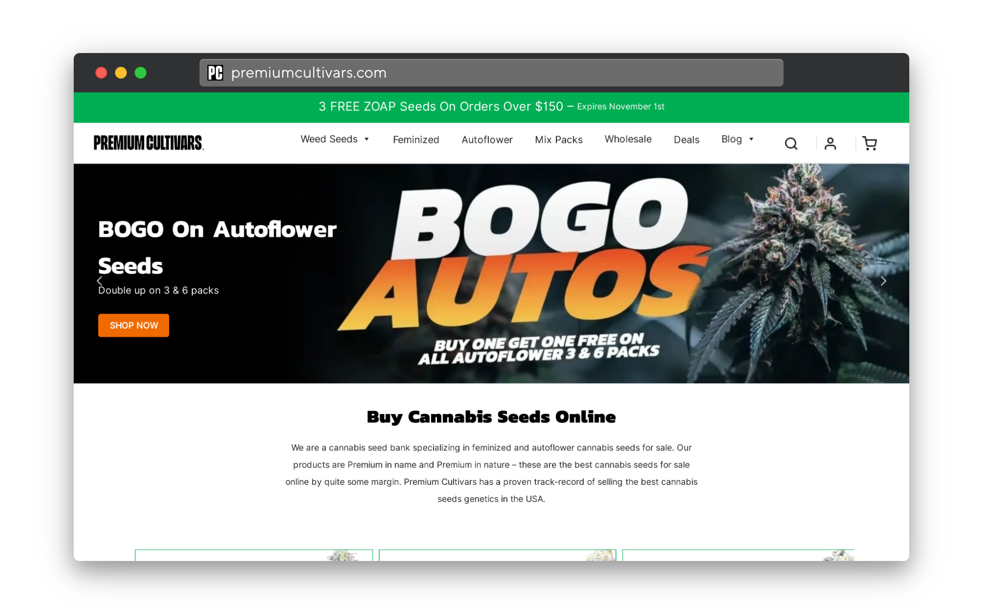Premium Cultivars Seed Bank Review 1 premiumcultivars.com screenshot of homepage